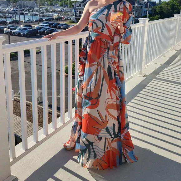 patbo one shoulder maxi dress PatBO one-shoulder Patterned Maxi Dress | Pink
